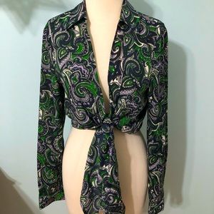 Michael Kors Silky Green Paisley Tie Front Shirt Blouse Top Size 6
